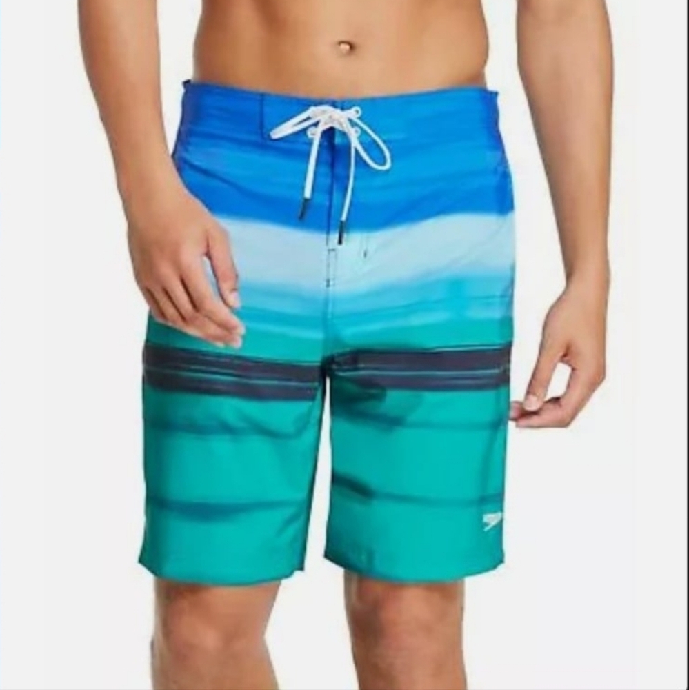 Speedo Mens Swimwear Ombre Striped Bondi Swim Trunks Blue Green, NWT Inseam 9"